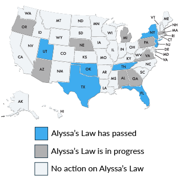 Current map displaying the status of Alyssa's Law in the United States